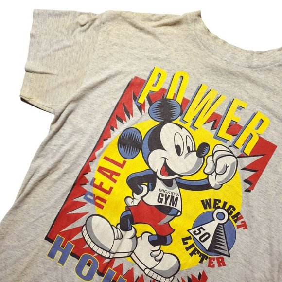 Mickey's Gym 1990s (L) Tee Grey Worn USA Disney Mickey Mouse Vintage - Picture 2 of 5